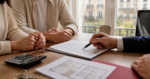 Pareja revisando con un asesor patrimonial un informe de tasación y el plano de una vivienda antes de solicitar la hipoteca, en un piso de Barcelona - T&T Gestión Patrimonial